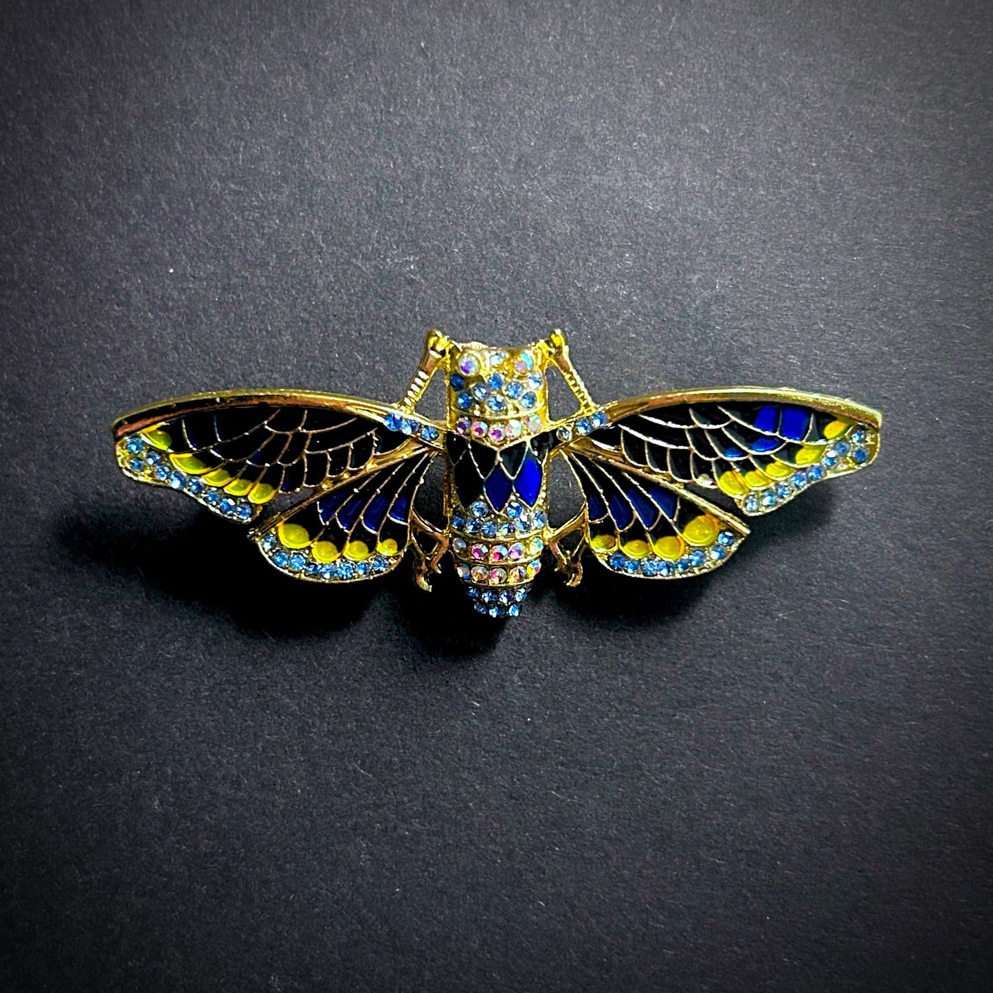 Moth Blue Cloisonné Enamel & Rhinestone Brooch