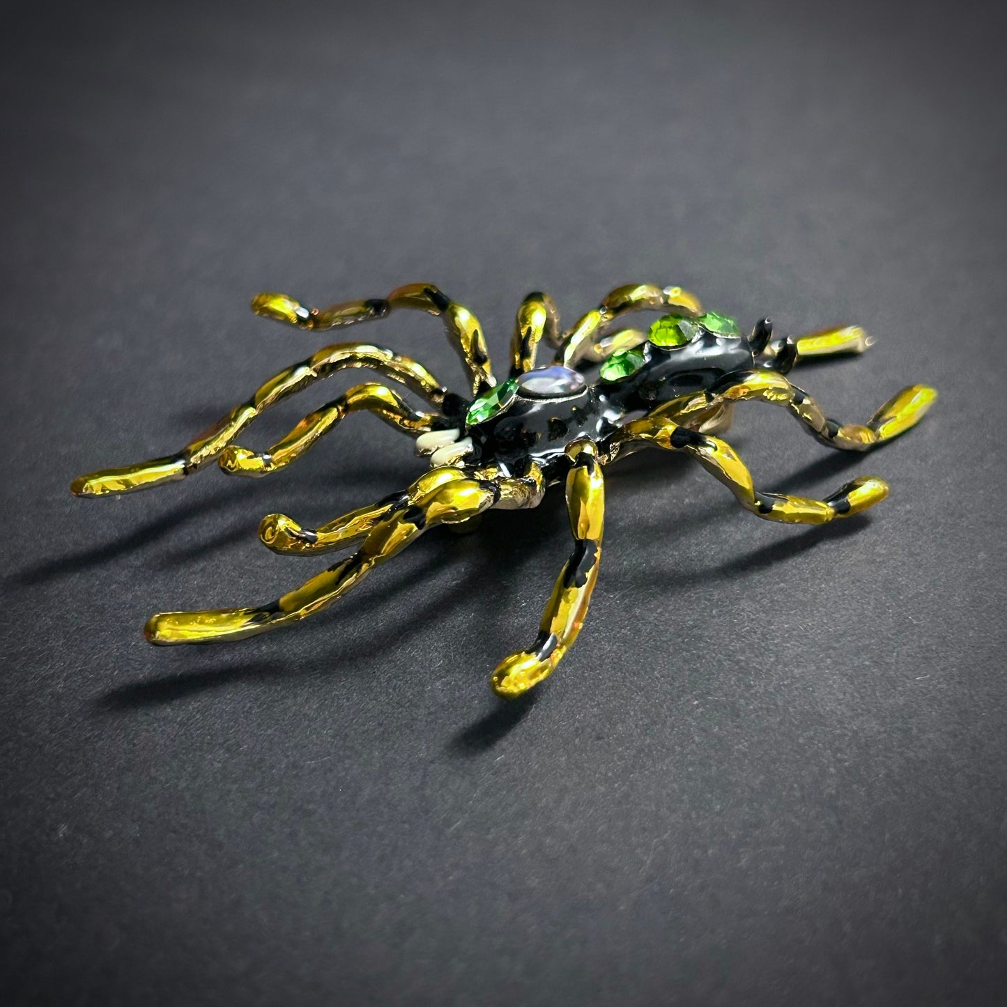 Large Spider Enamel & Rhinestone Brooch in Yellow, Black and Green