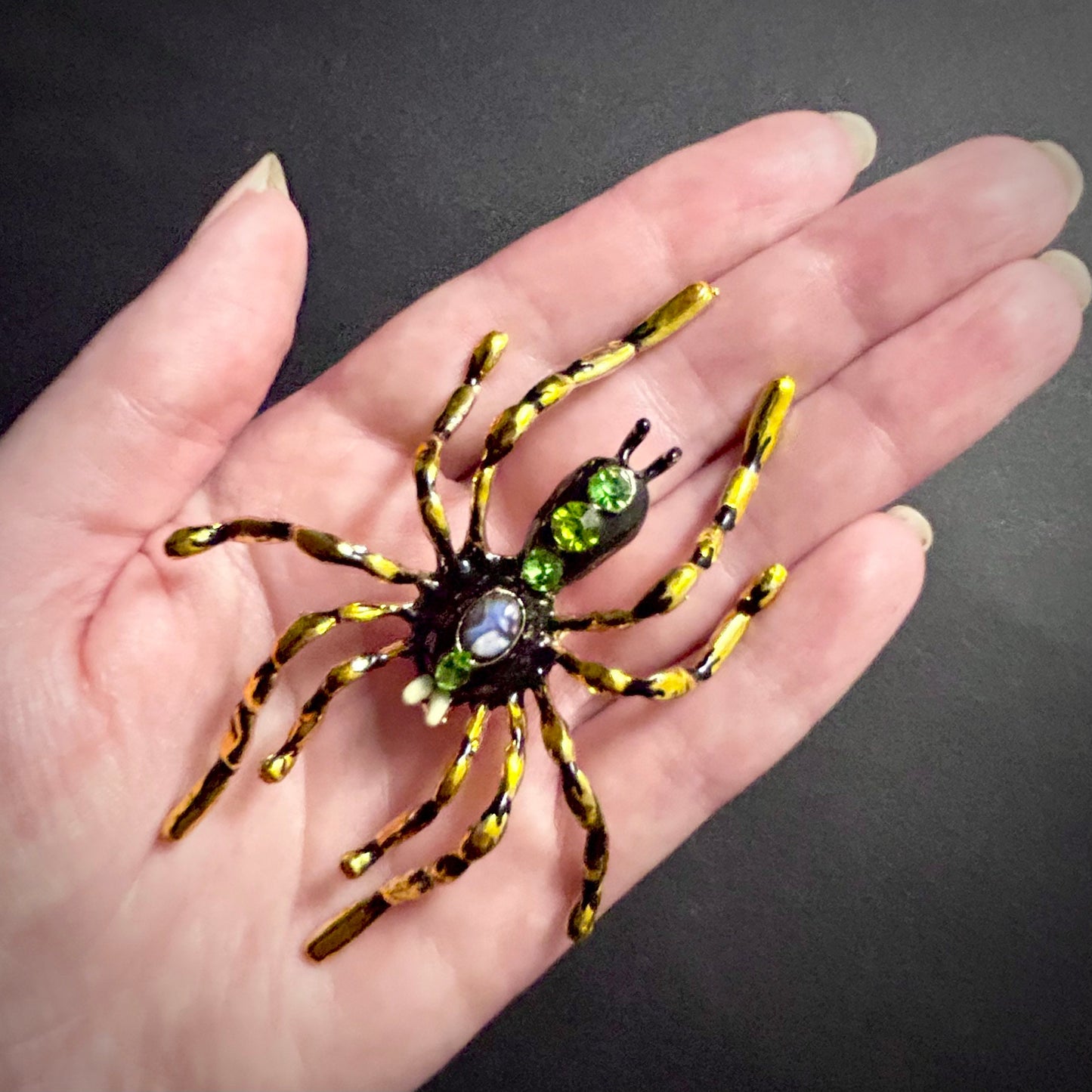 Large Spider Enamel & Rhinestone Brooch in Yellow, Black and Green