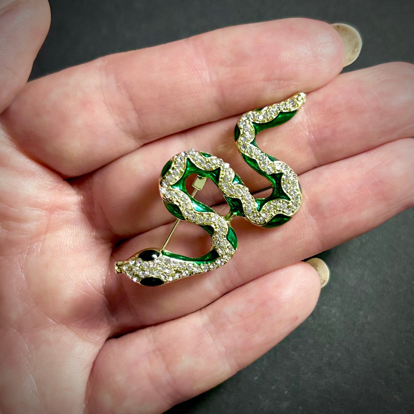 Snake Green Enamel & Rhinestone Brooch