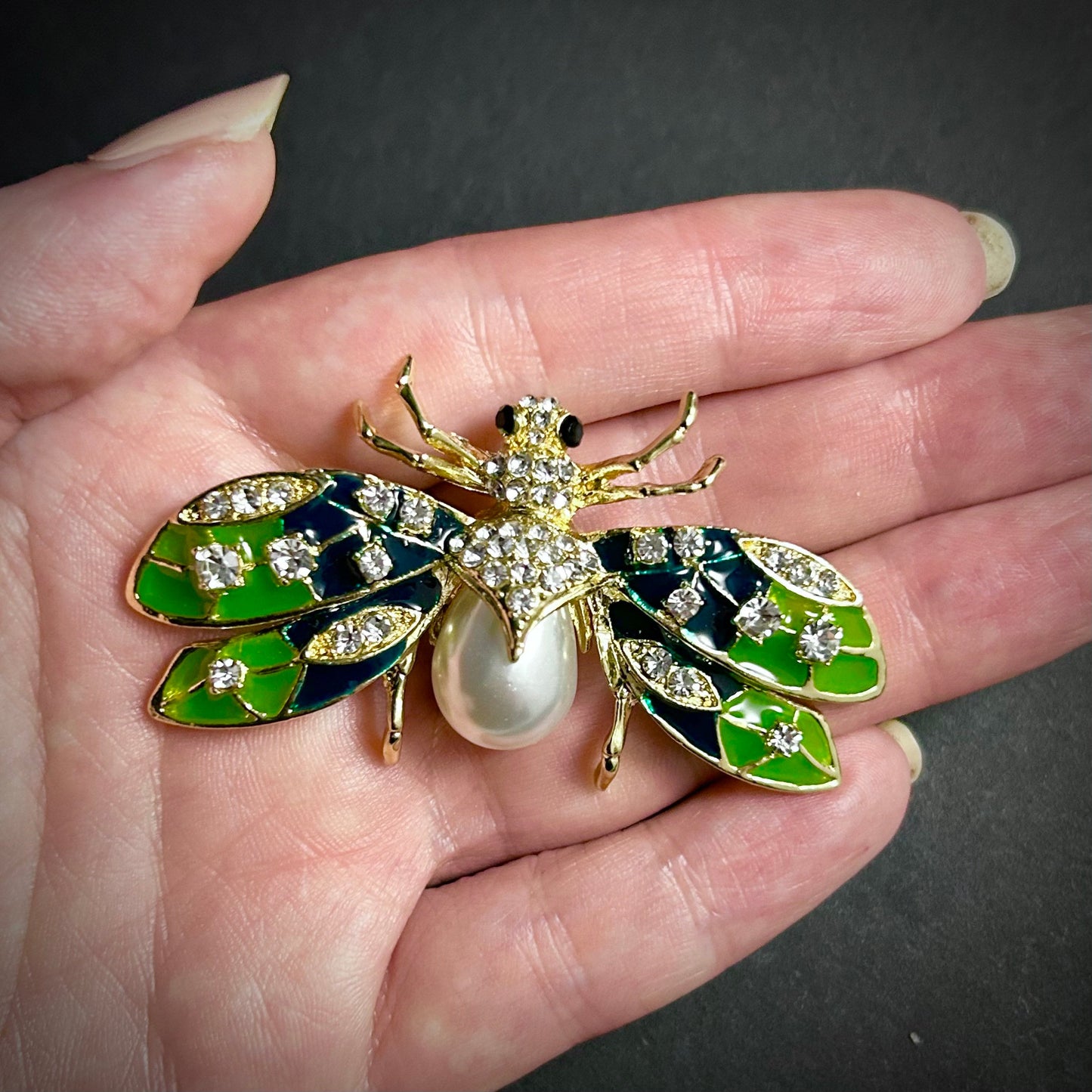 Bee Brooch in Gold, Green Enamel & White Pearl