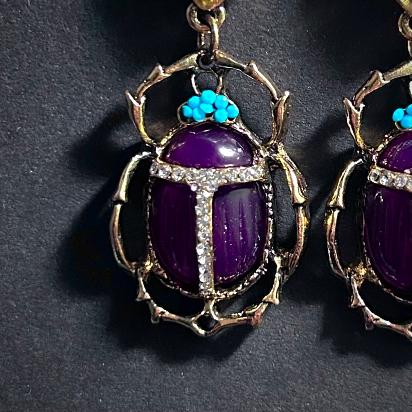 Scarab Dark Purple Stud Earrings with Golden Stones