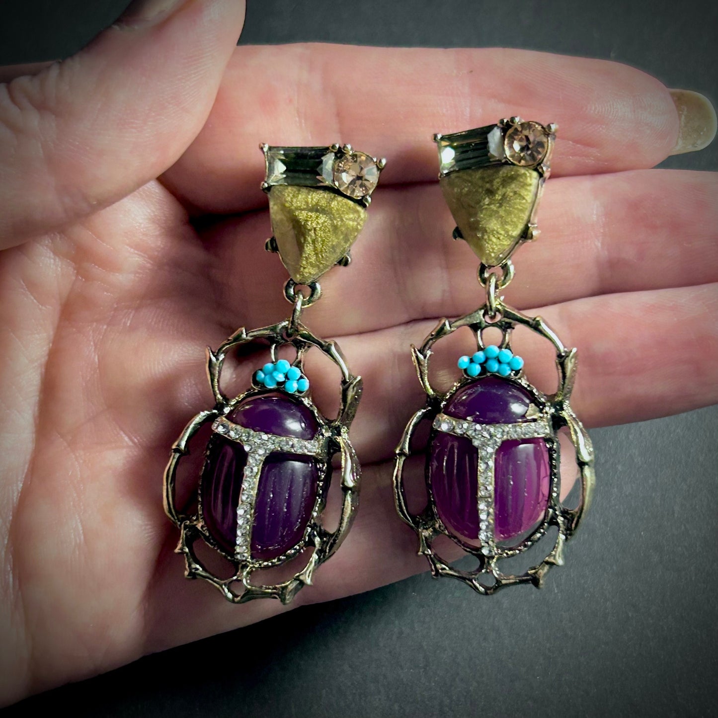 Scarab Dark Purple Stud Earrings with Golden Stones