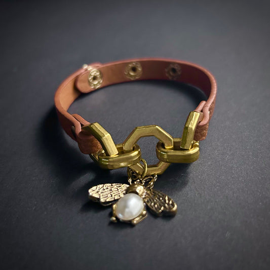 Brown Leather Bracelet with Antiqued Gold & Pearl Bee Charm