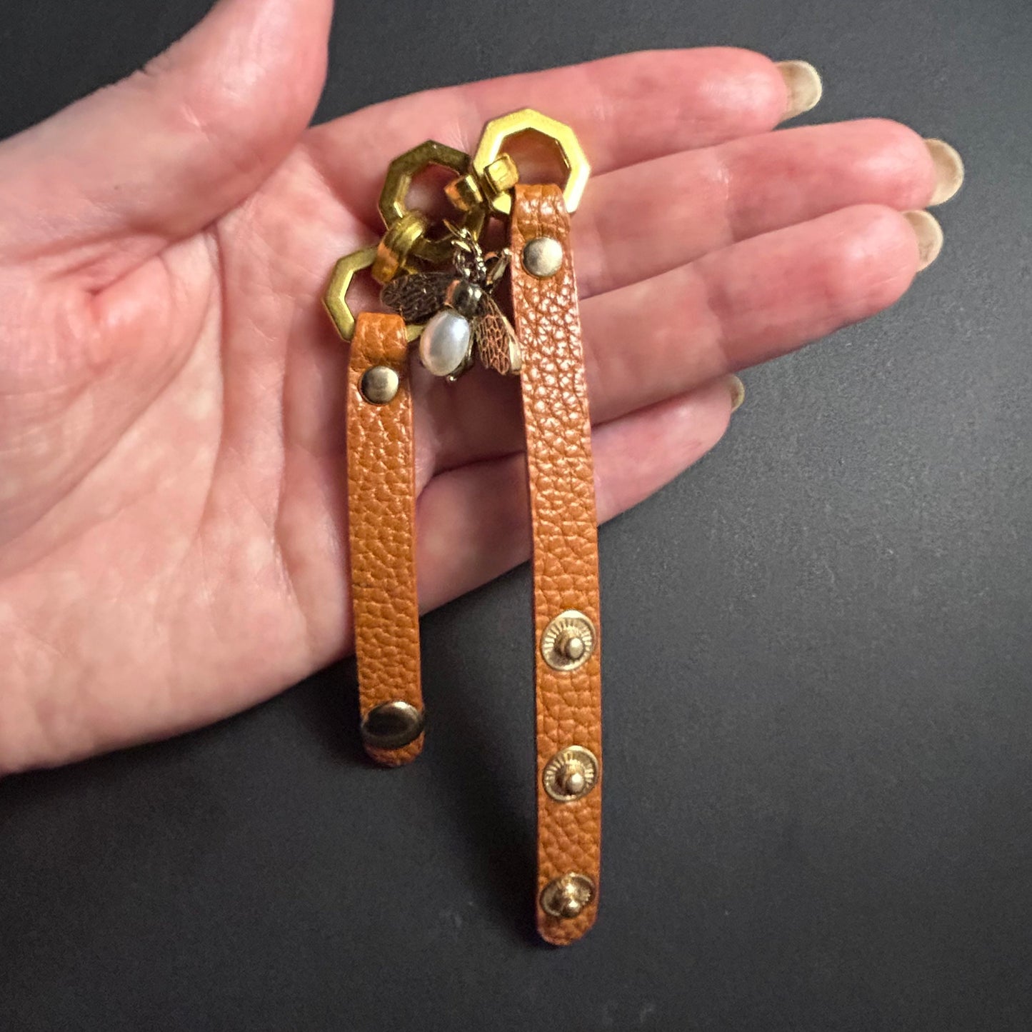 Brown Leather Bracelet with Antiqued Gold & Pearl Bee Charm