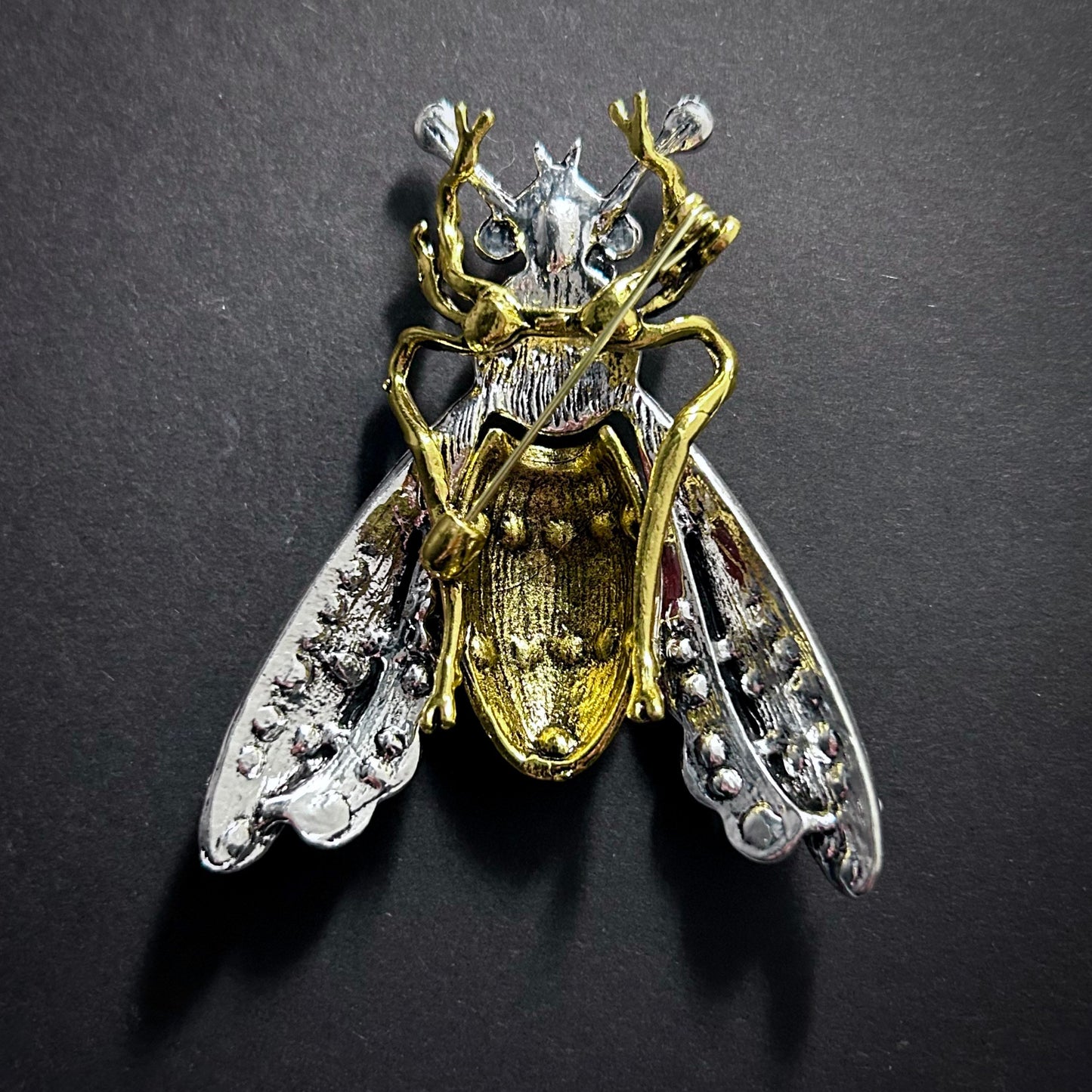 Bee Enamel & Rhinestone Antiqued Mixed Metal Brooch