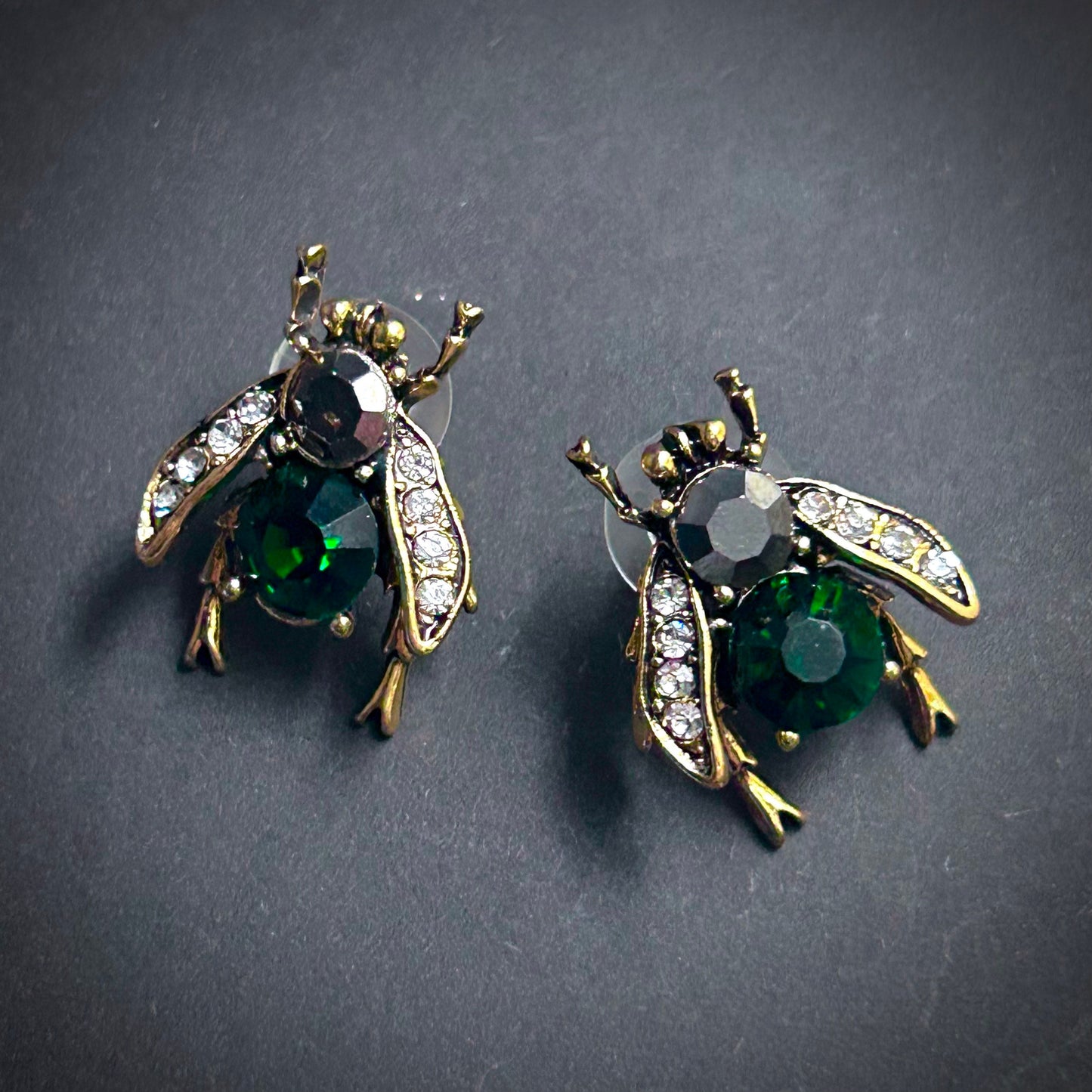 Bee Studs with Emerald Crystals & Clear Rhinestones in Antique Gold