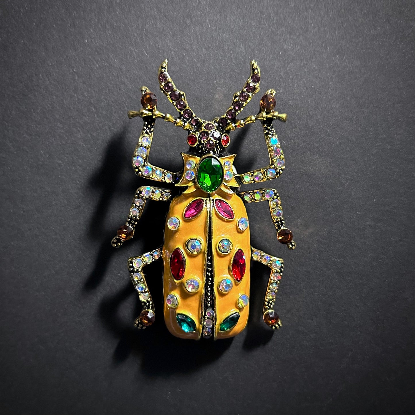 Happy Beetle Brooch with Orange Enamel & Rhinestones