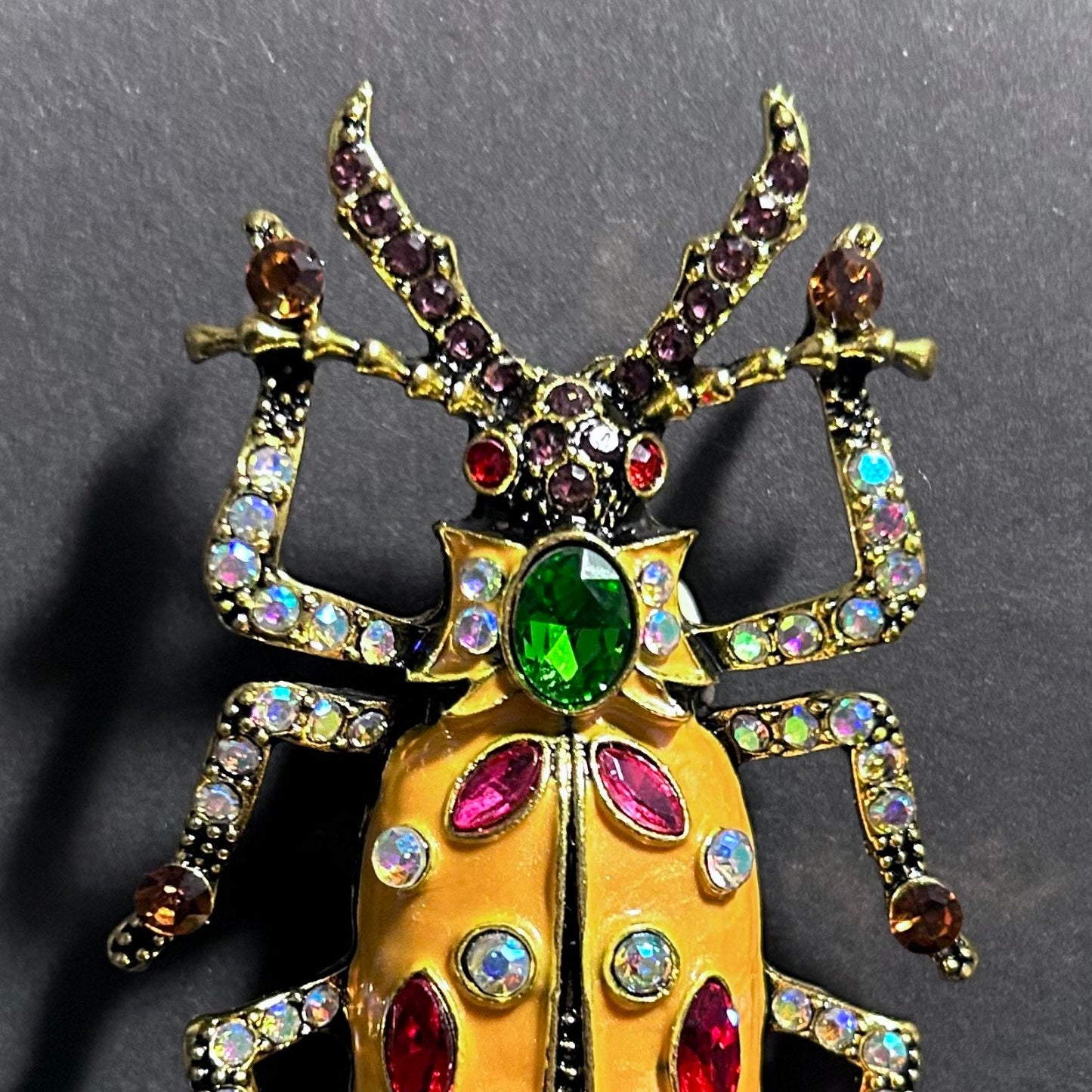 Happy Beetle Brooch with Orange Enamel & Rhinestones