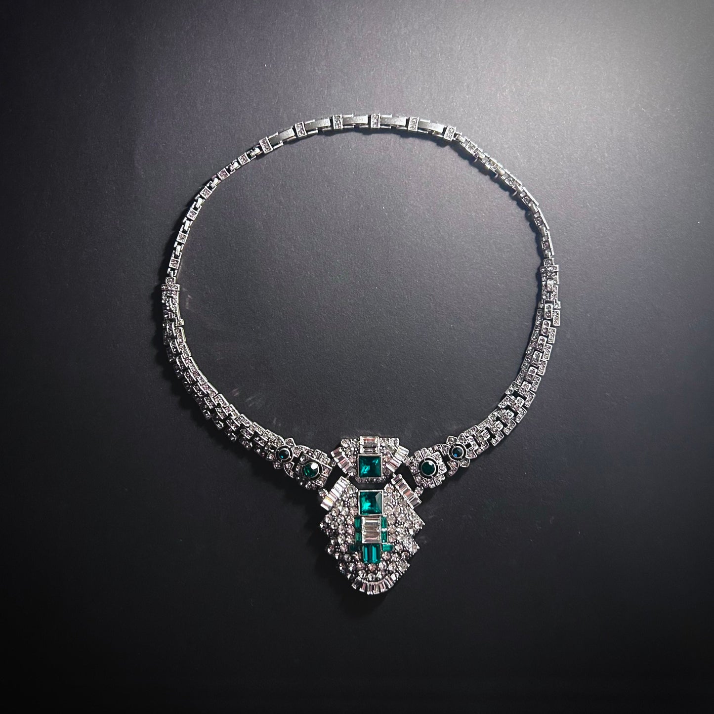 Art Deco Emerald & Silver Large Statement Necklace
