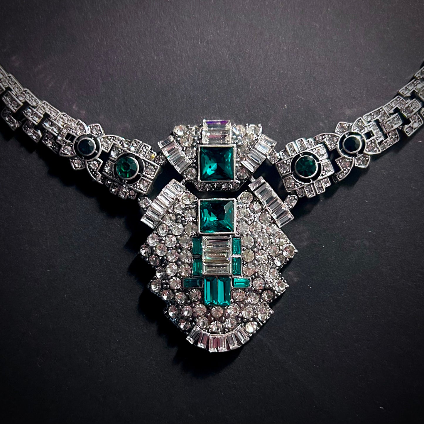 Art Deco Emerald & Silver Large Statement Necklace