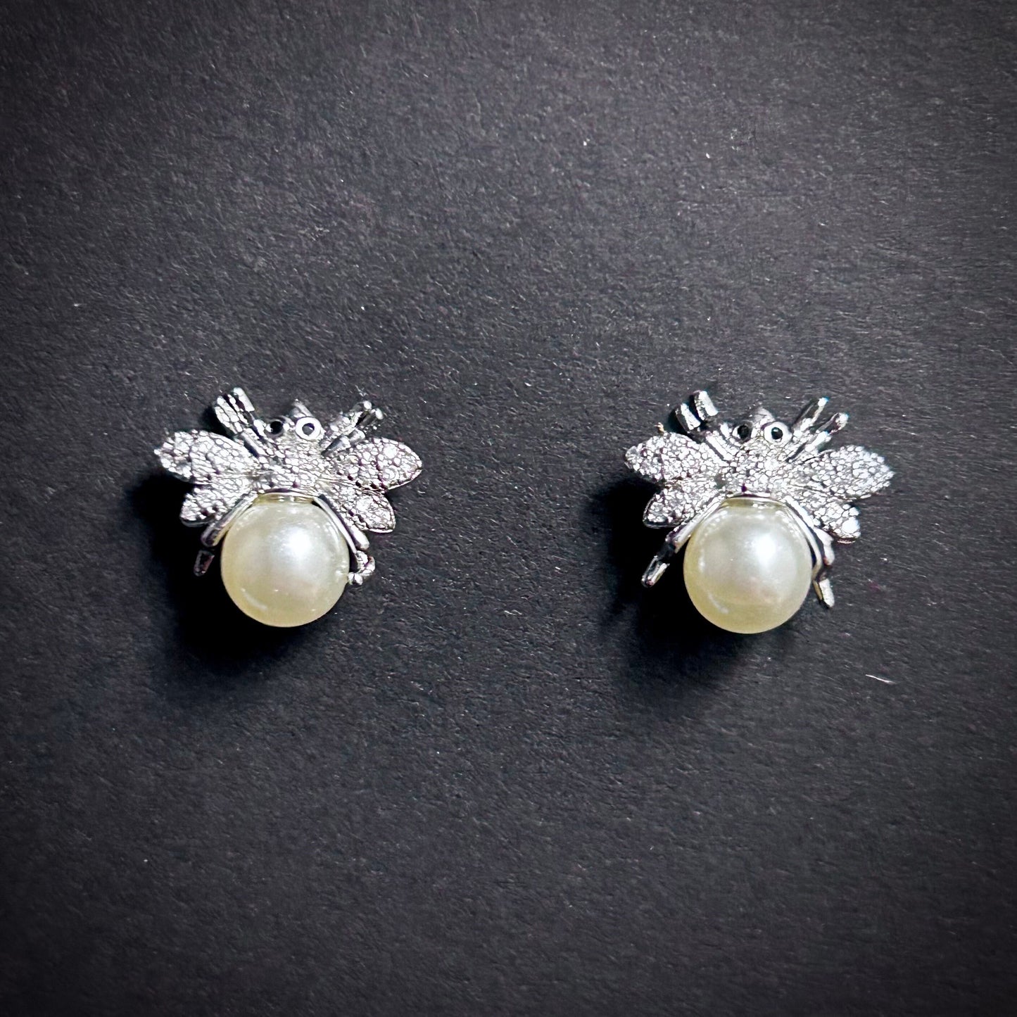 Silver Bee, White Pearl & Rhinestone Stud Earrings