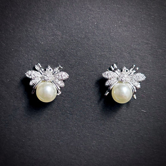 Silver Bee, White Pearl & Rhinestone Stud Earrings