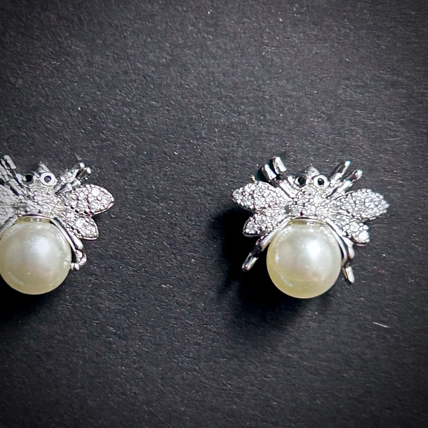 Silver Bee, White Pearl & Rhinestone Stud Earrings