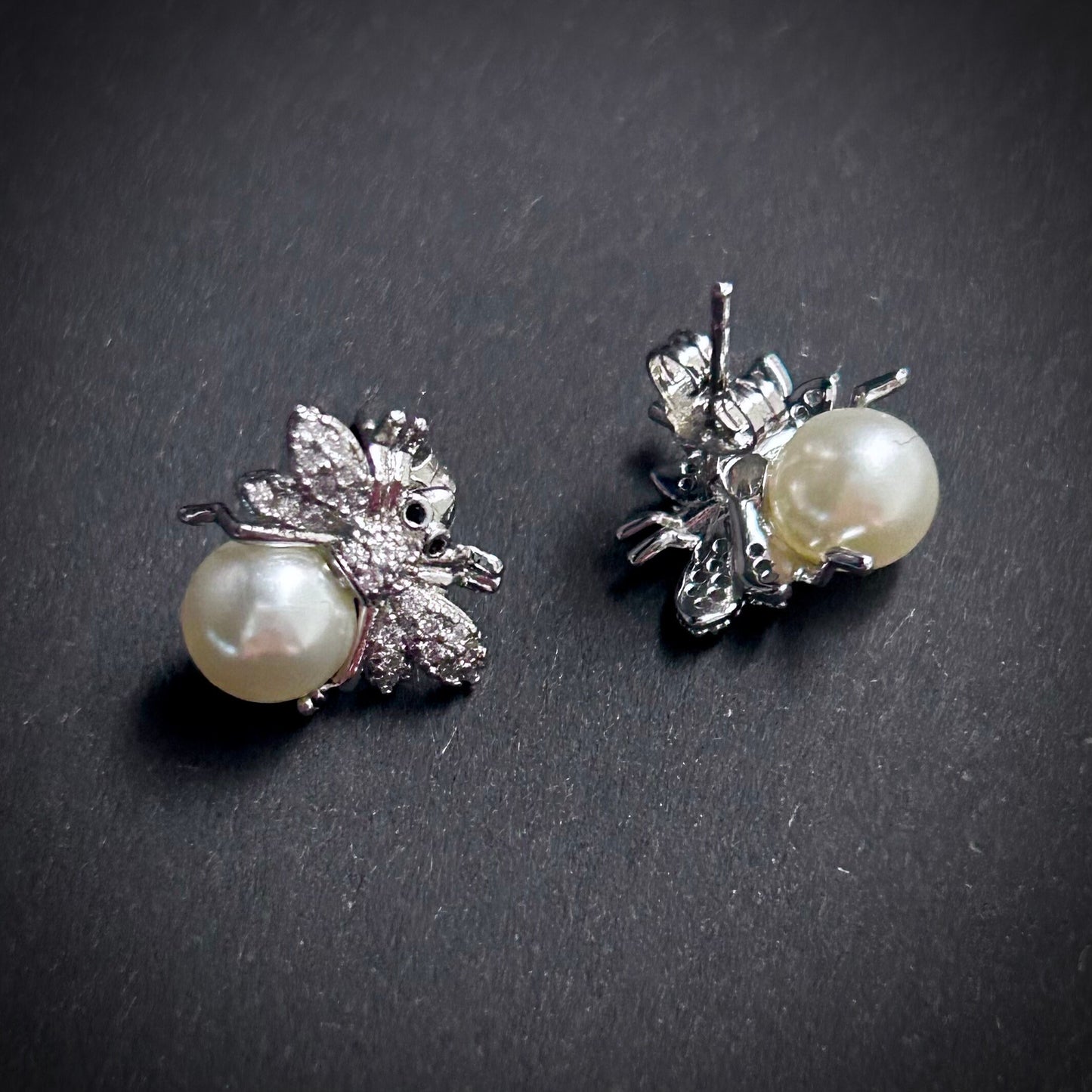 Silver Bee, White Pearl & Rhinestone Stud Earrings