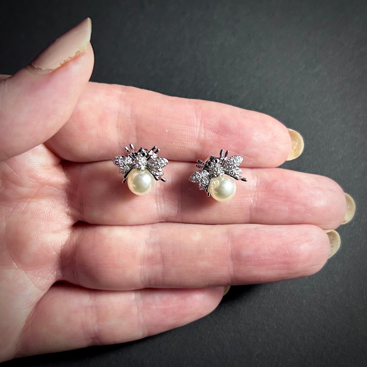 Silver Bee, White Pearl & Rhinestone Stud Earrings