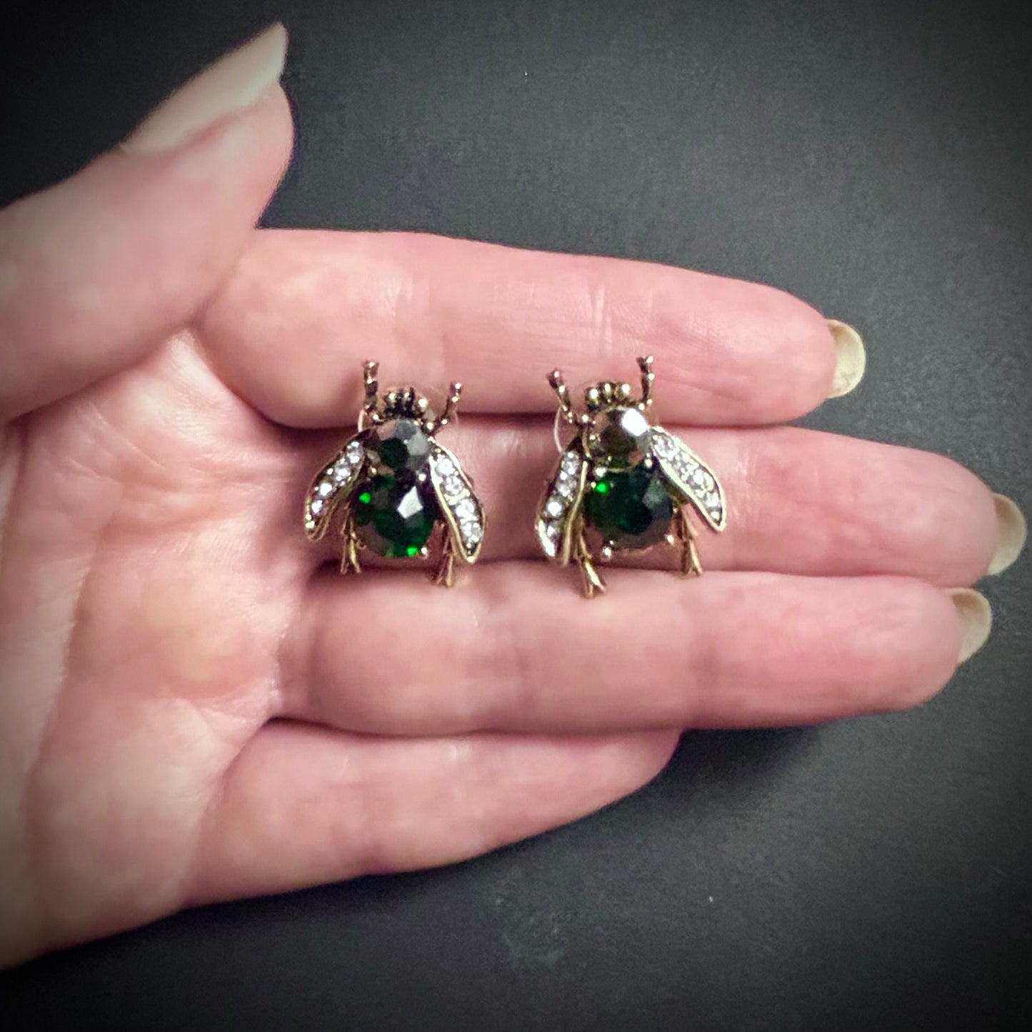 Bee Studs with Emerald Crystals & Clear Rhinestones in Antique Gold