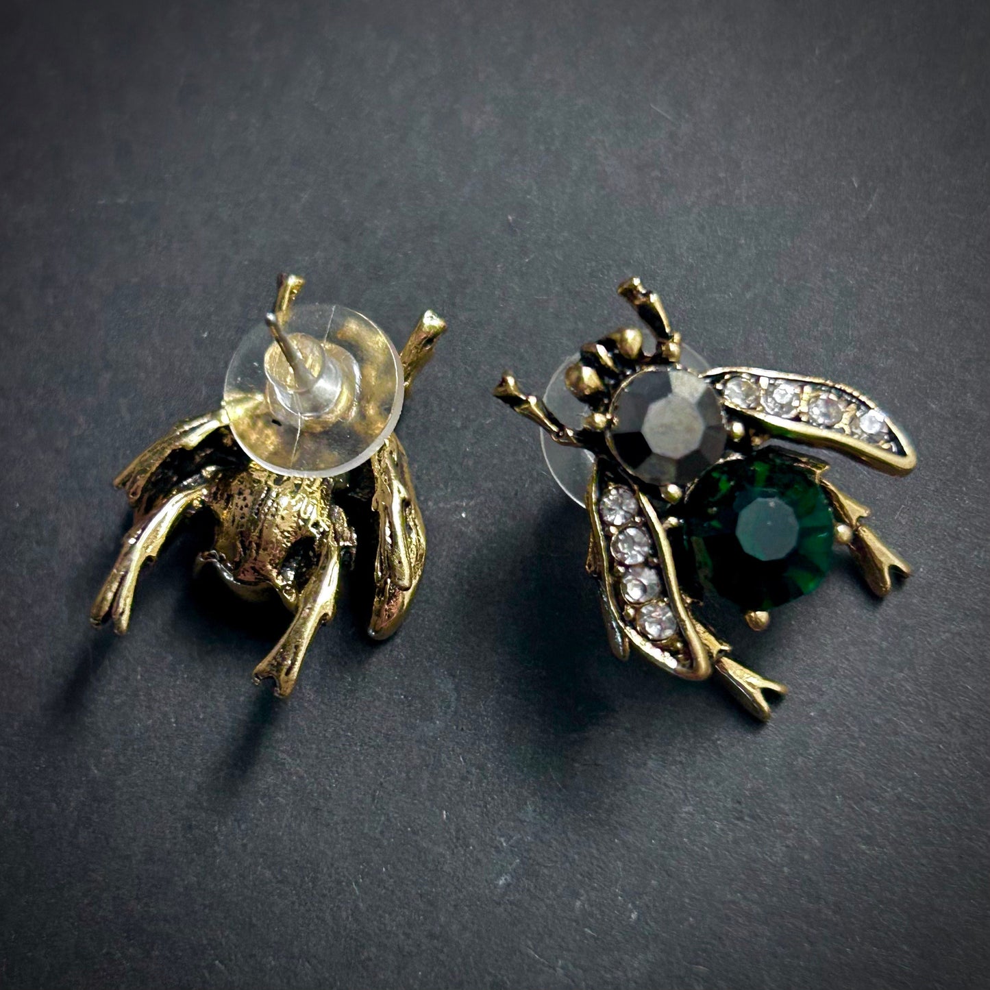 Bee Studs with Emerald Crystals & Clear Rhinestones in Antique Gold