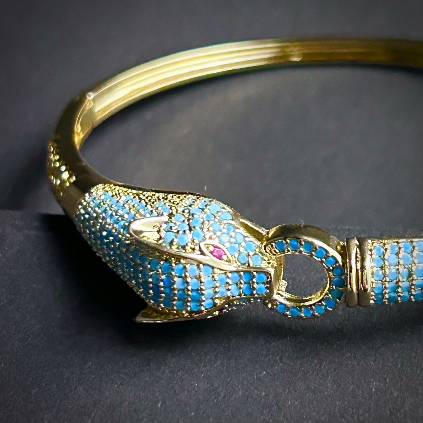 Gold Tiger Head & Turquoise Pavé Bangle/Cuff Bracelet