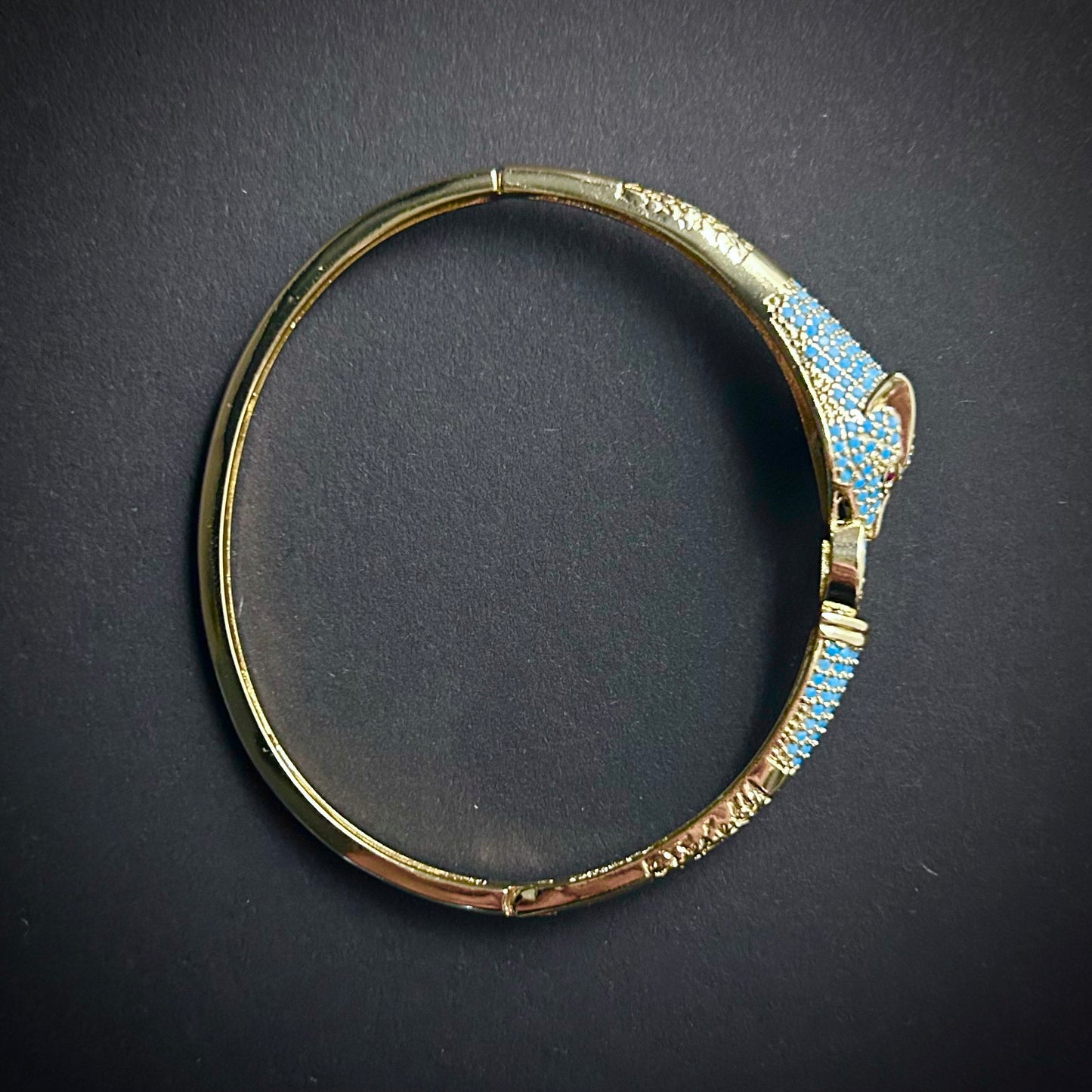 Gold Tiger Head & Turquoise Pavé Bangle/Cuff Bracelet