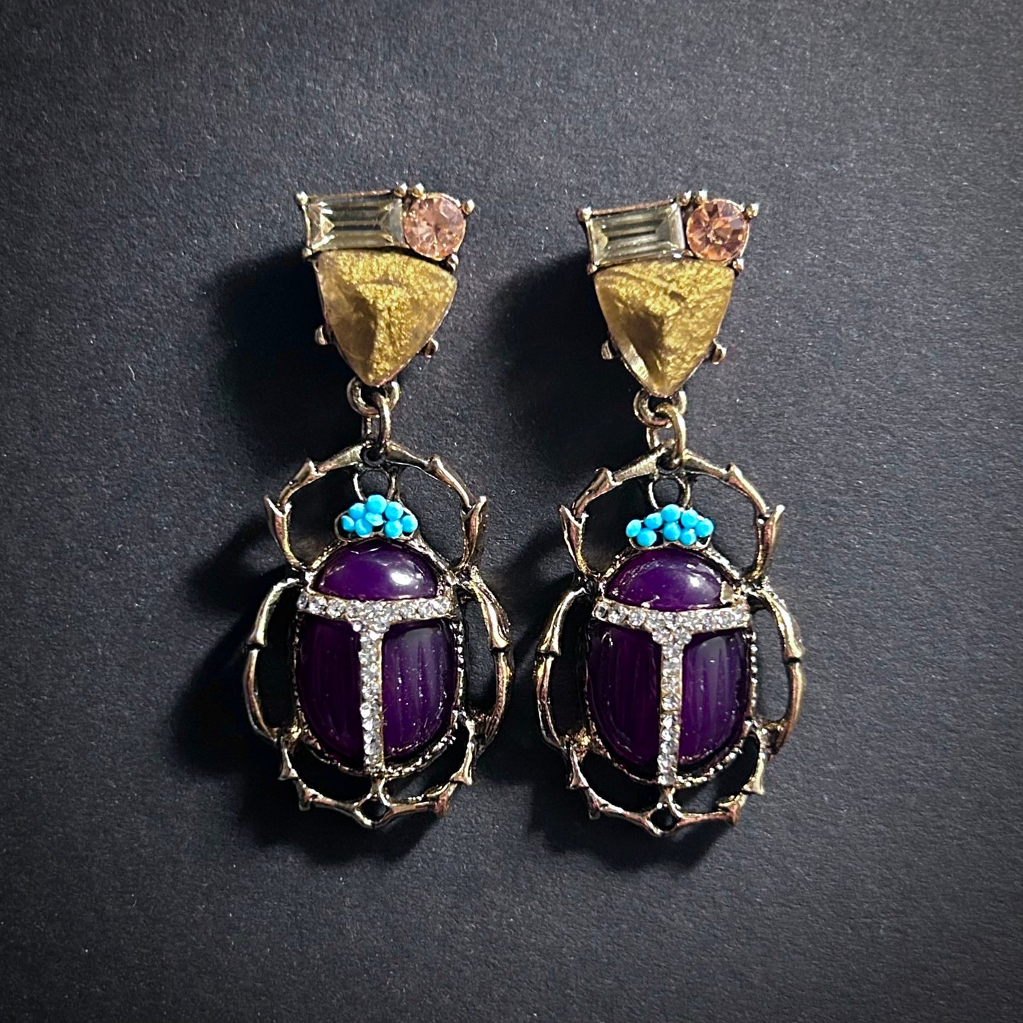 Scarab Dark Purple Stud Earrings with Golden Stones