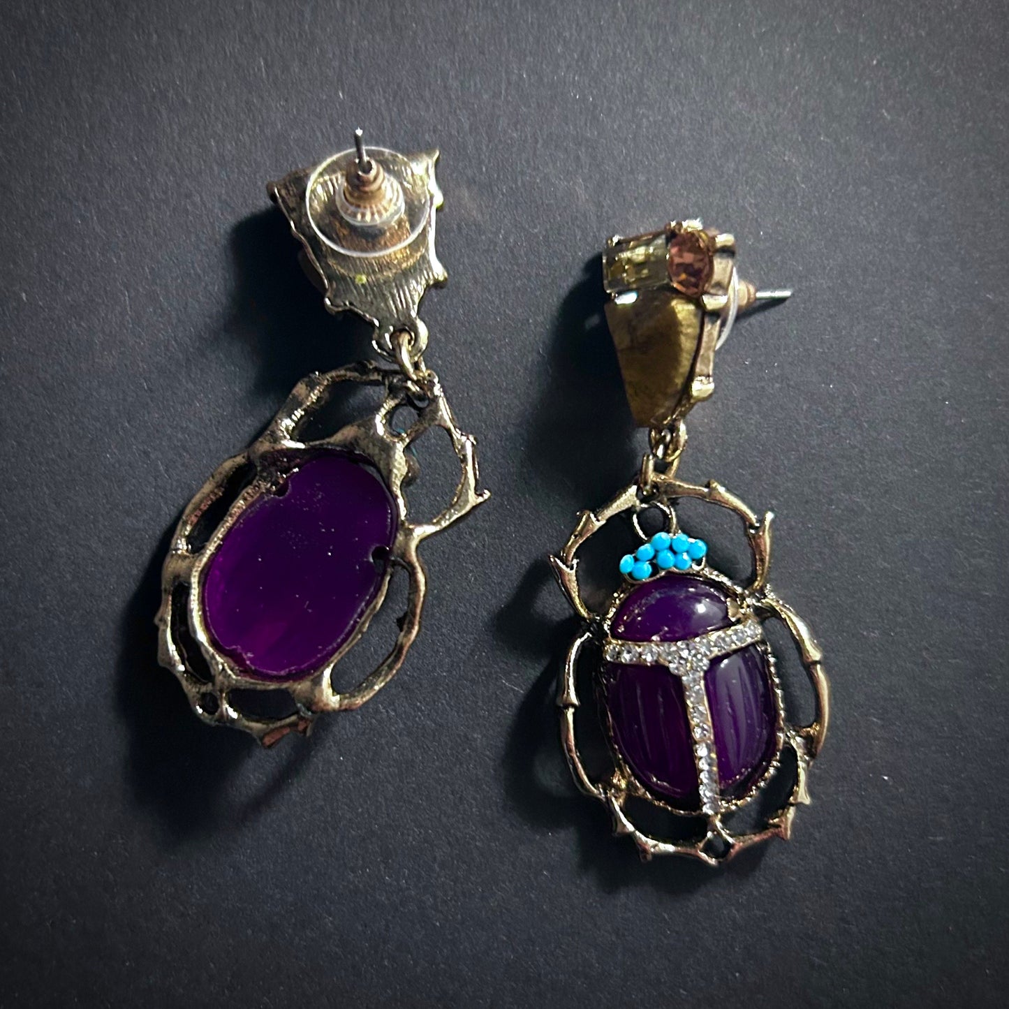 Scarab Dark Purple Stud Earrings with Golden Stones