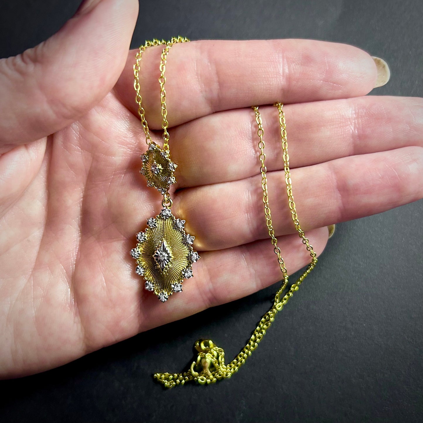 Etched Gold & Clear Rhinestone Pendant Necklace