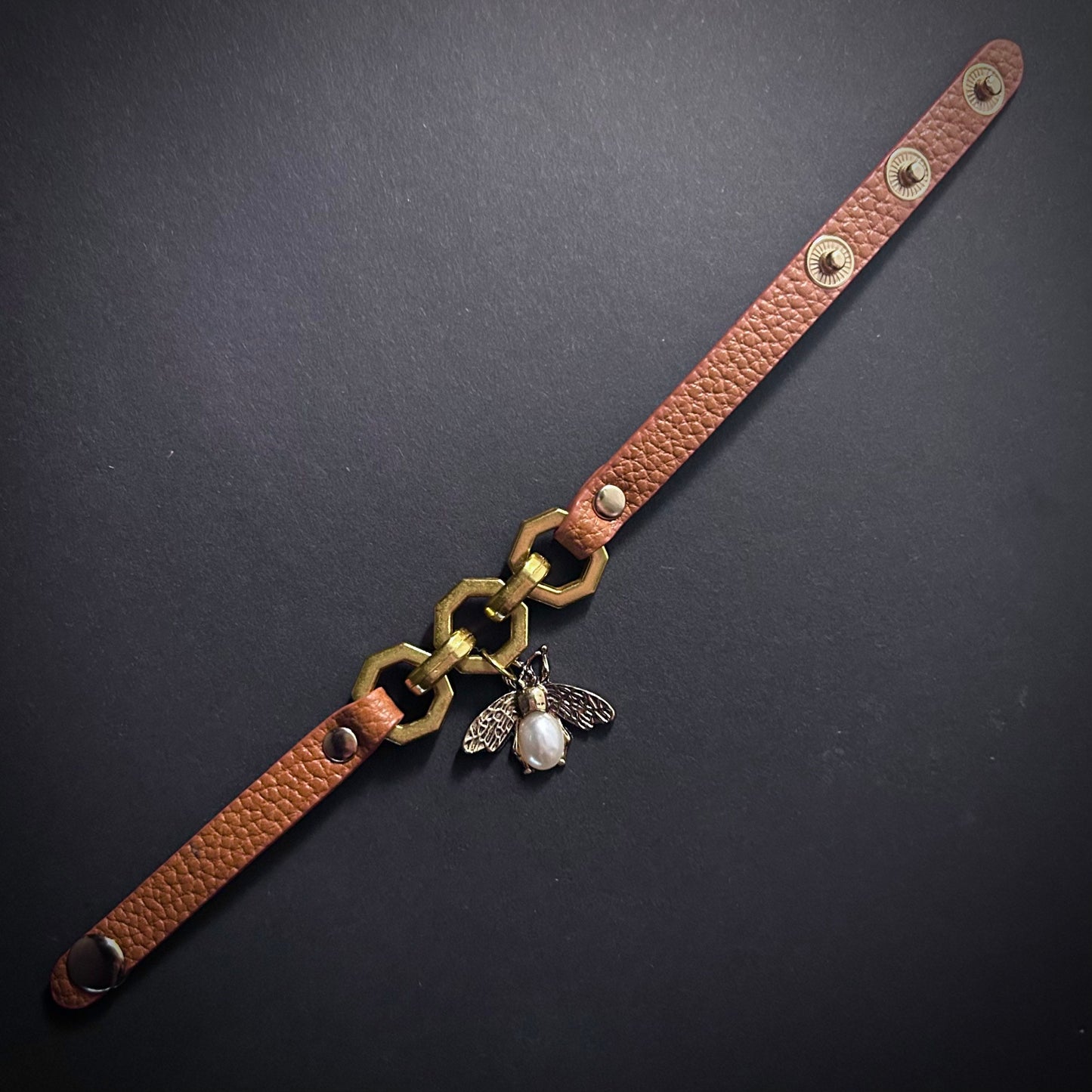 Brown Leather Bracelet with Antiqued Gold & Pearl Bee Charm