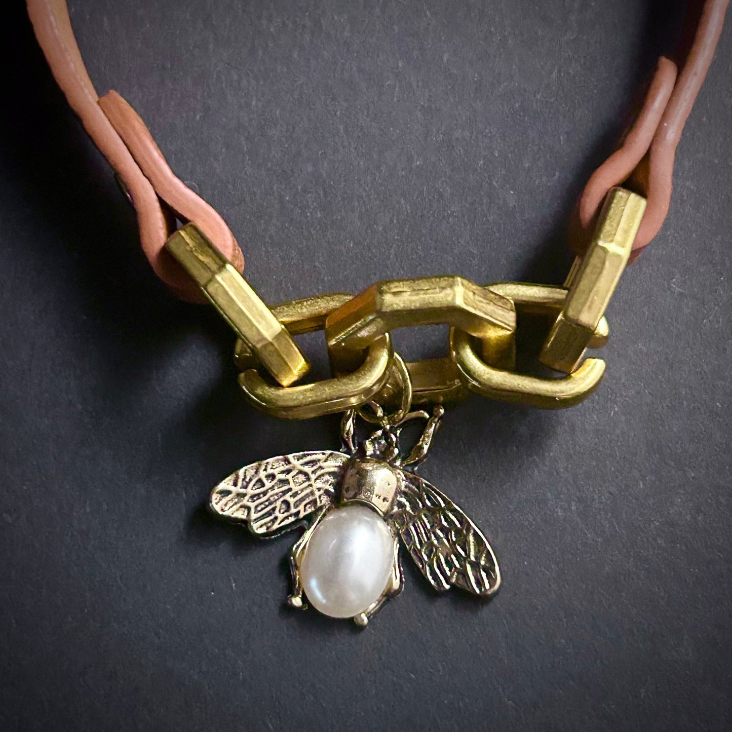 Brown Leather Bracelet with Antiqued Gold & Pearl Bee Charm