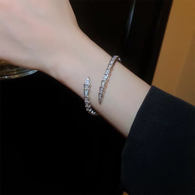 Snake Silver & Clear Bangle Bracelet