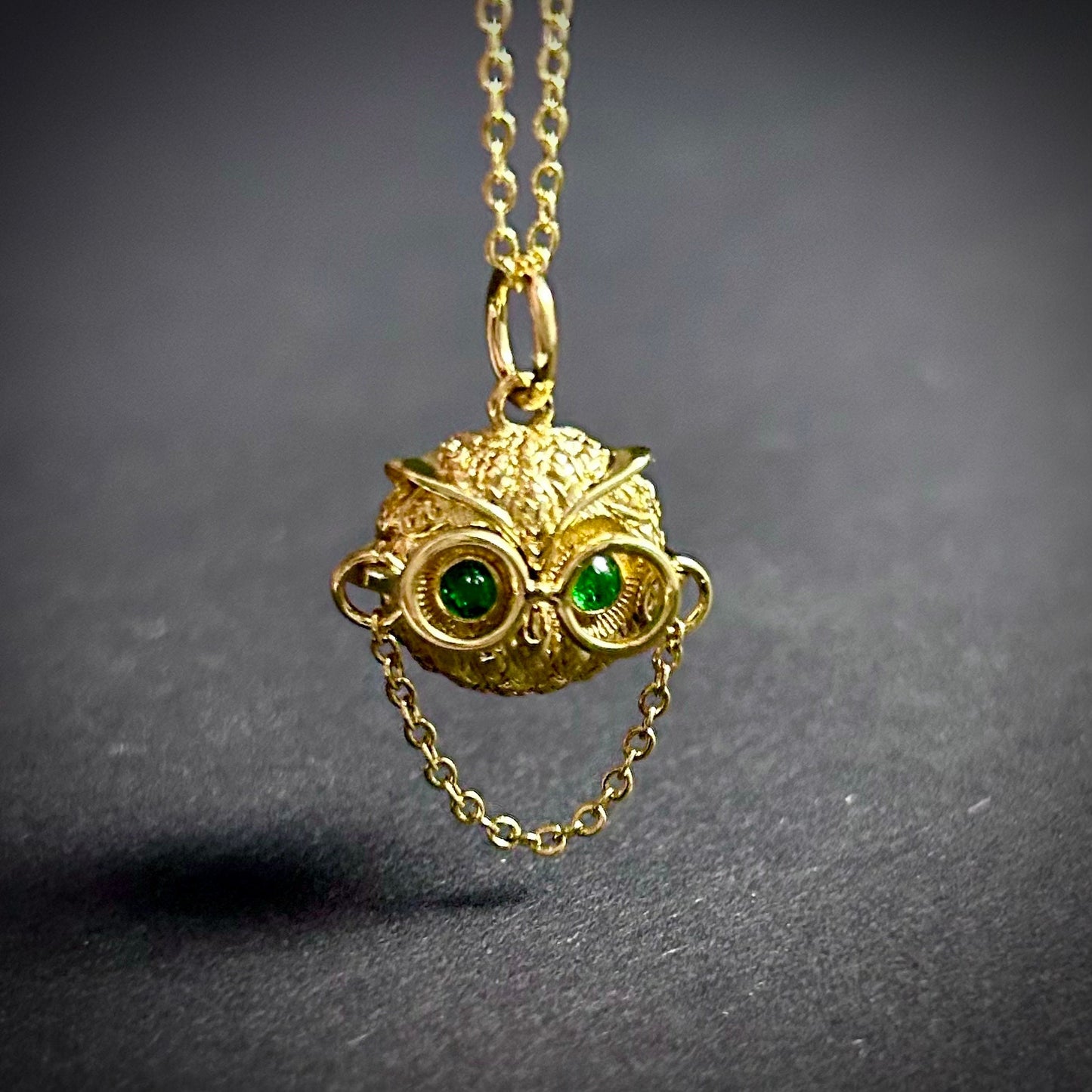 Professor Owl Gold & Emerald Pendant Necklace