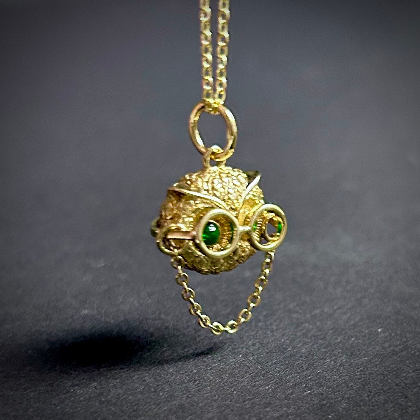 Professor Owl Gold & Emerald Pendant Necklace