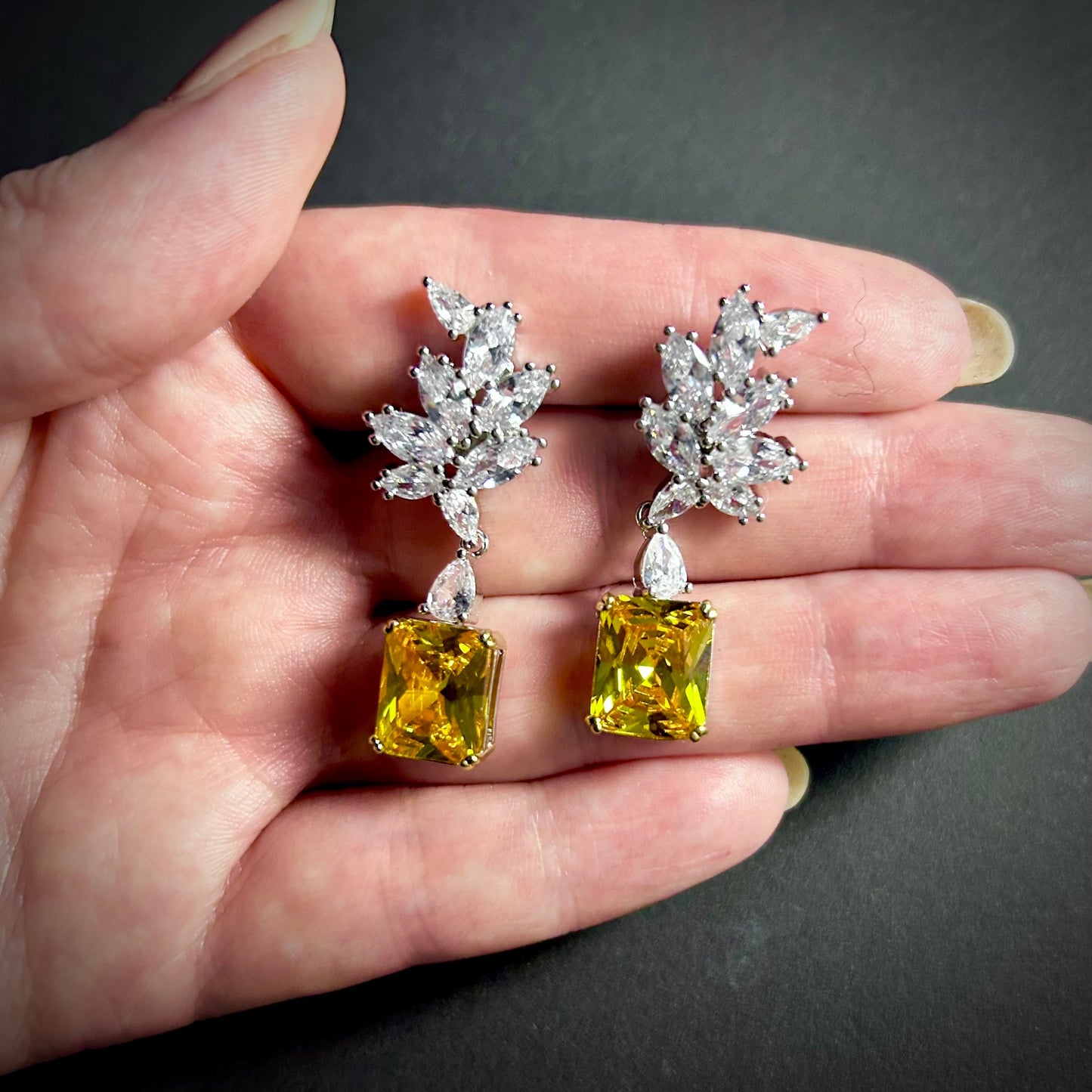 Leaf Stud Earrings in Citrine Rectangle & Silver