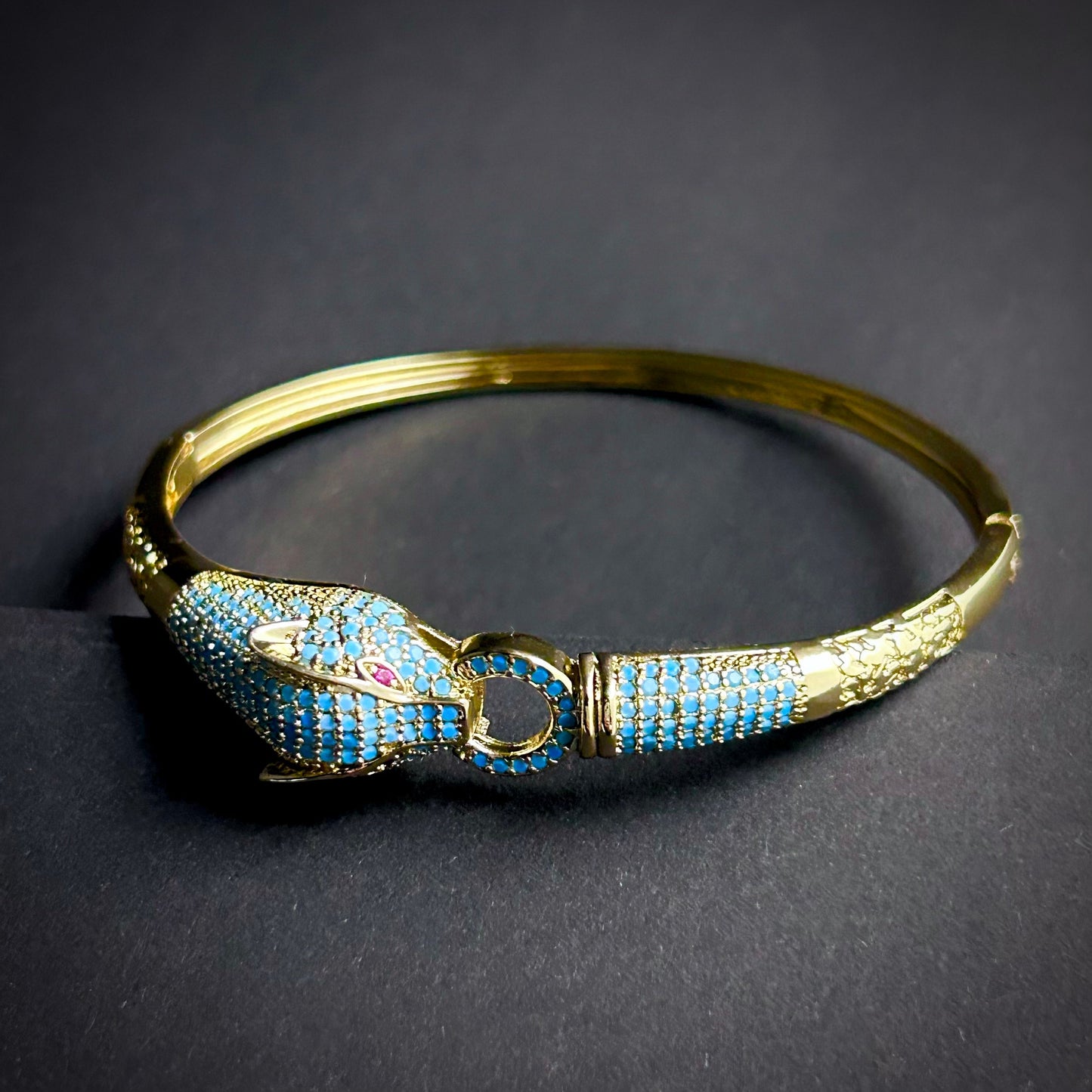 Gold Tiger Head & Turquoise Pavé Bangle/Cuff Bracelet