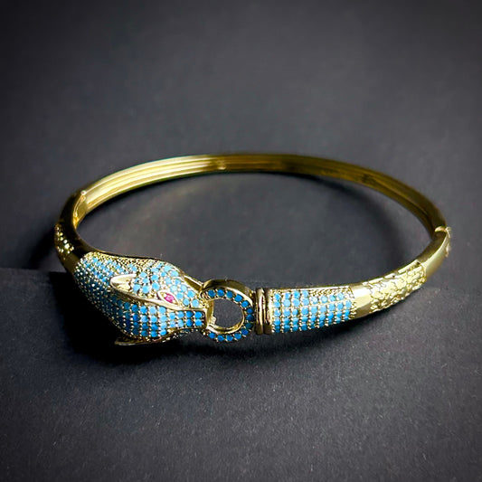 Gold Tiger Head & Turquoise Pavé Bangle/Cuff Bracelet