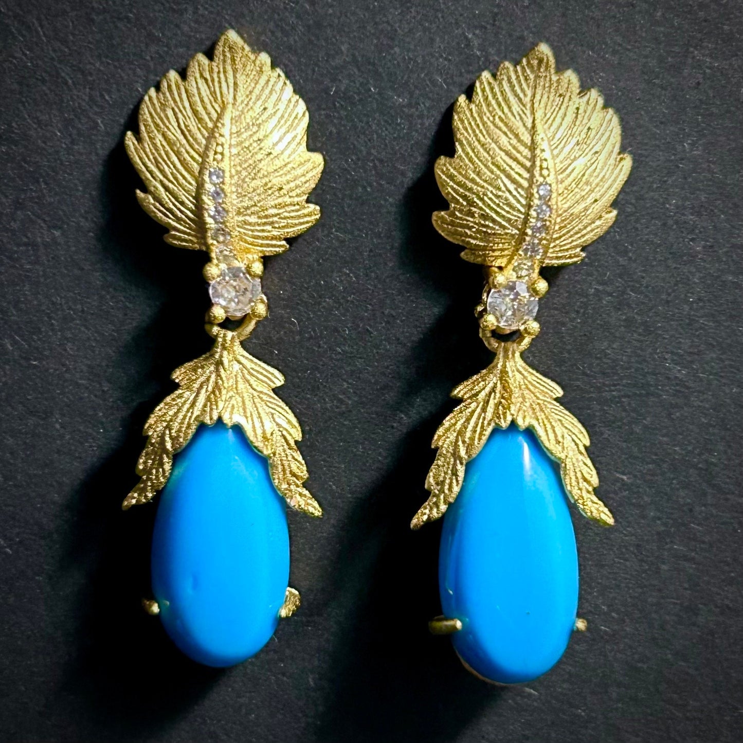 Gold Leaf, Rhinestones & Turquoise Teardrop Earrings