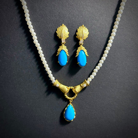 Art Nouveau Turquoise Teardrops, Gold & Pearl Jewelry Set