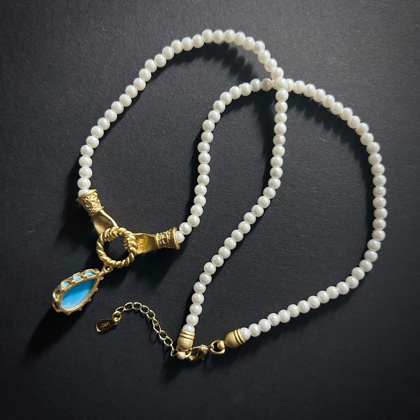 Art Nouveau White Pearl Choker with Hand & Turquoise Teardrop Connector