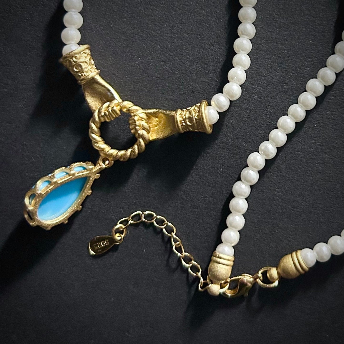 Art Nouveau White Pearl Choker with Hand & Turquoise Teardrop Connector