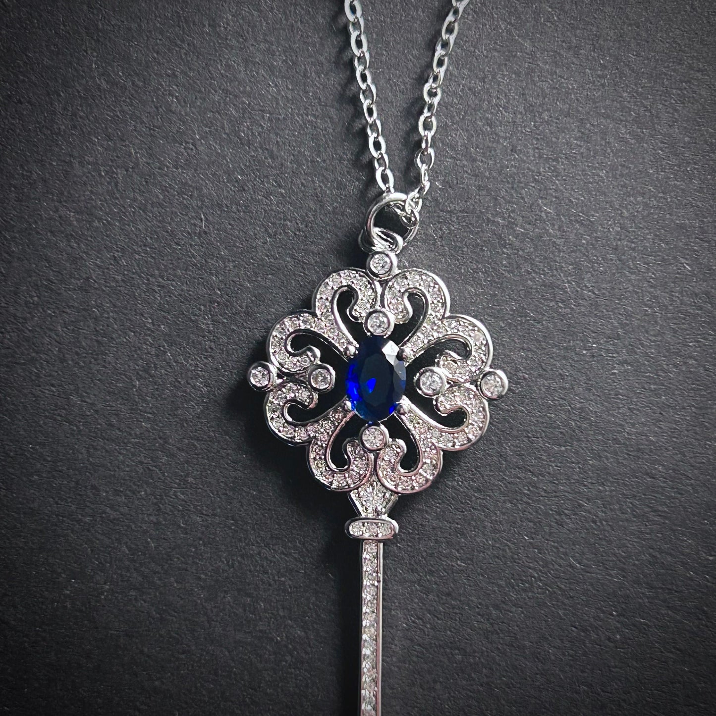 Key Pendant Necklace in Sapphire Blue & Silver