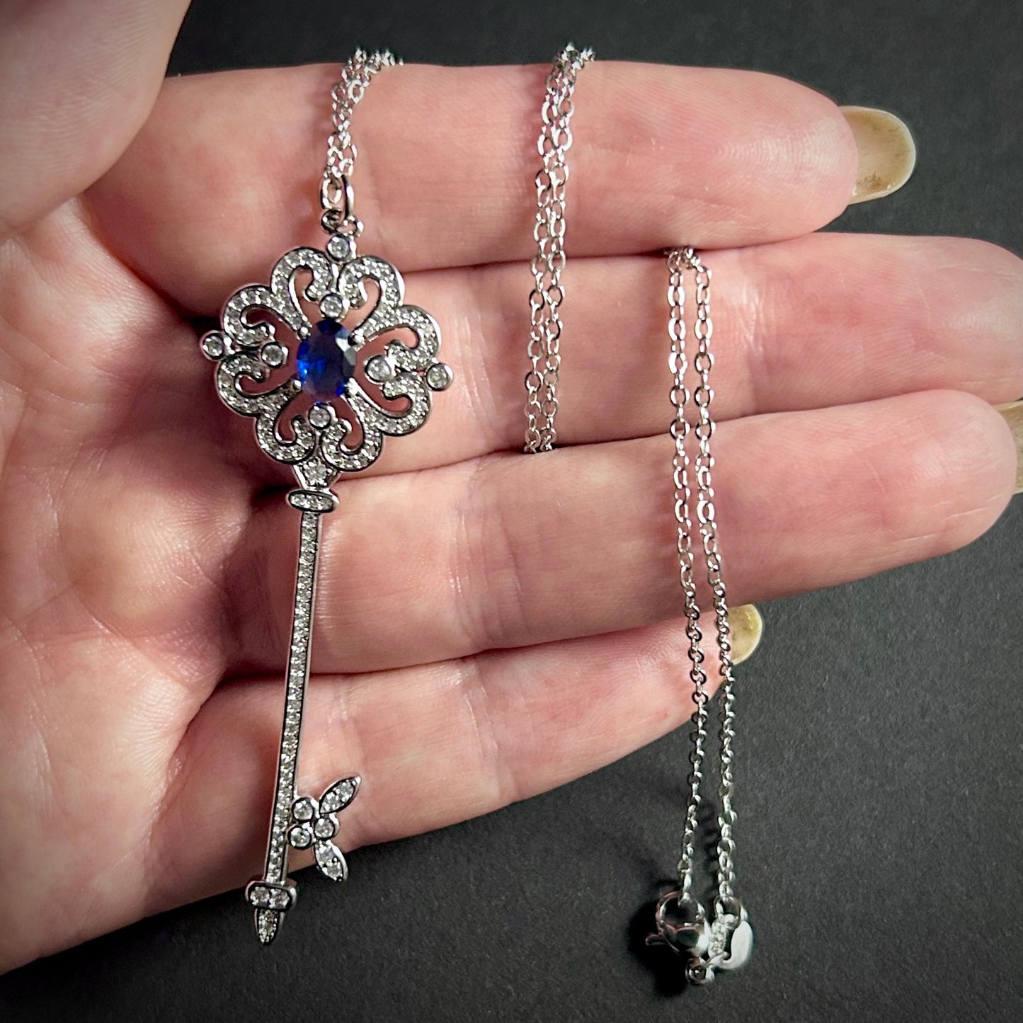 Key Pendant Necklace in Sapphire Blue & Silver