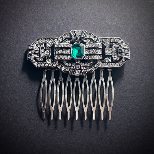 Art Deco Emerald & Antique Silver Decorative Hair Comb