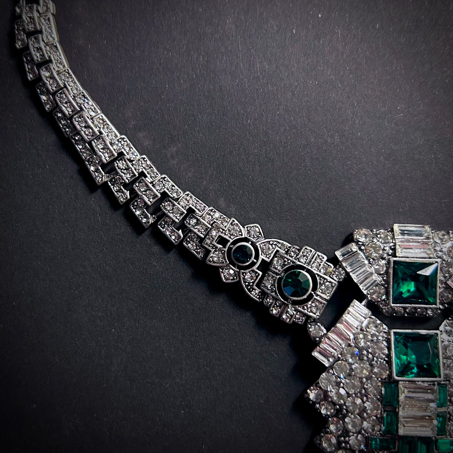 Art Deco Emerald & Silver Large Statement Necklace