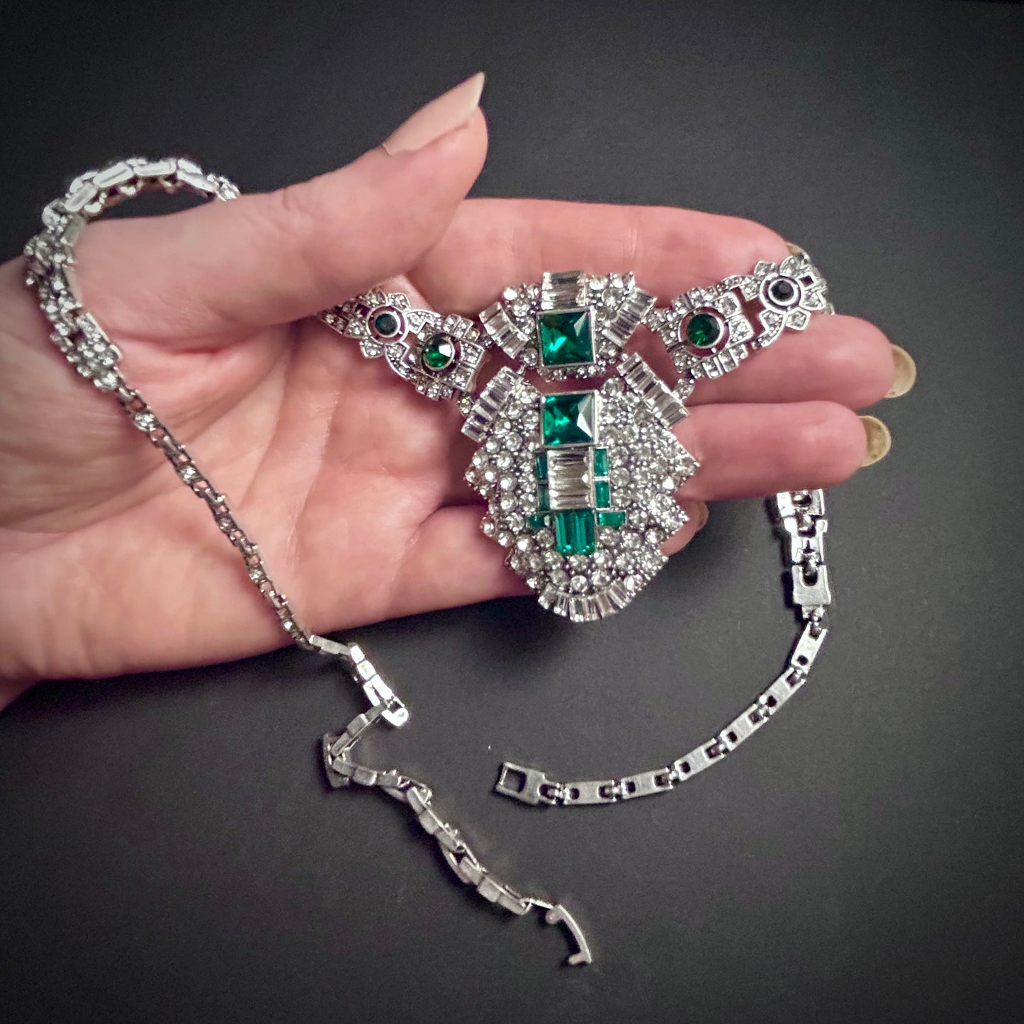 Art Deco Emerald & Silver Large Statement Necklace