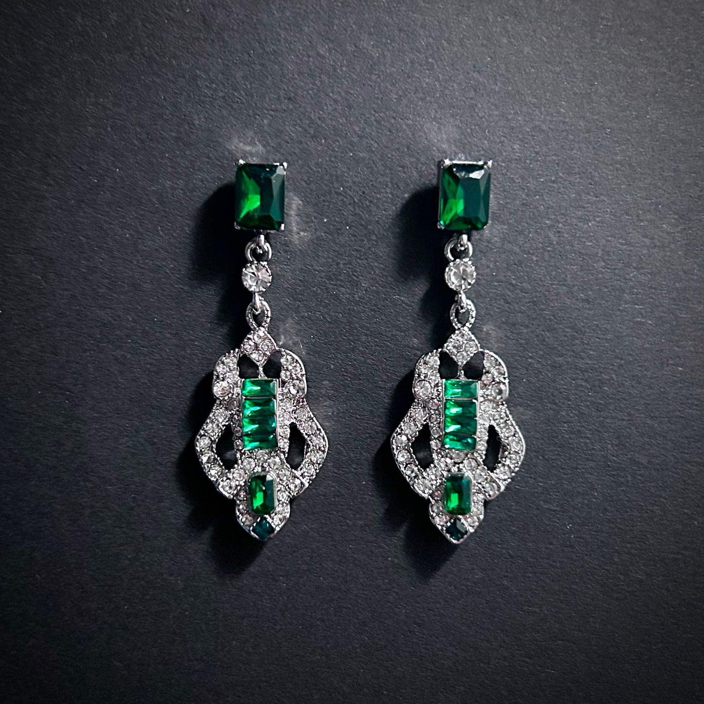 Art Deco Emerald & Antique Silver Dangle Earrings