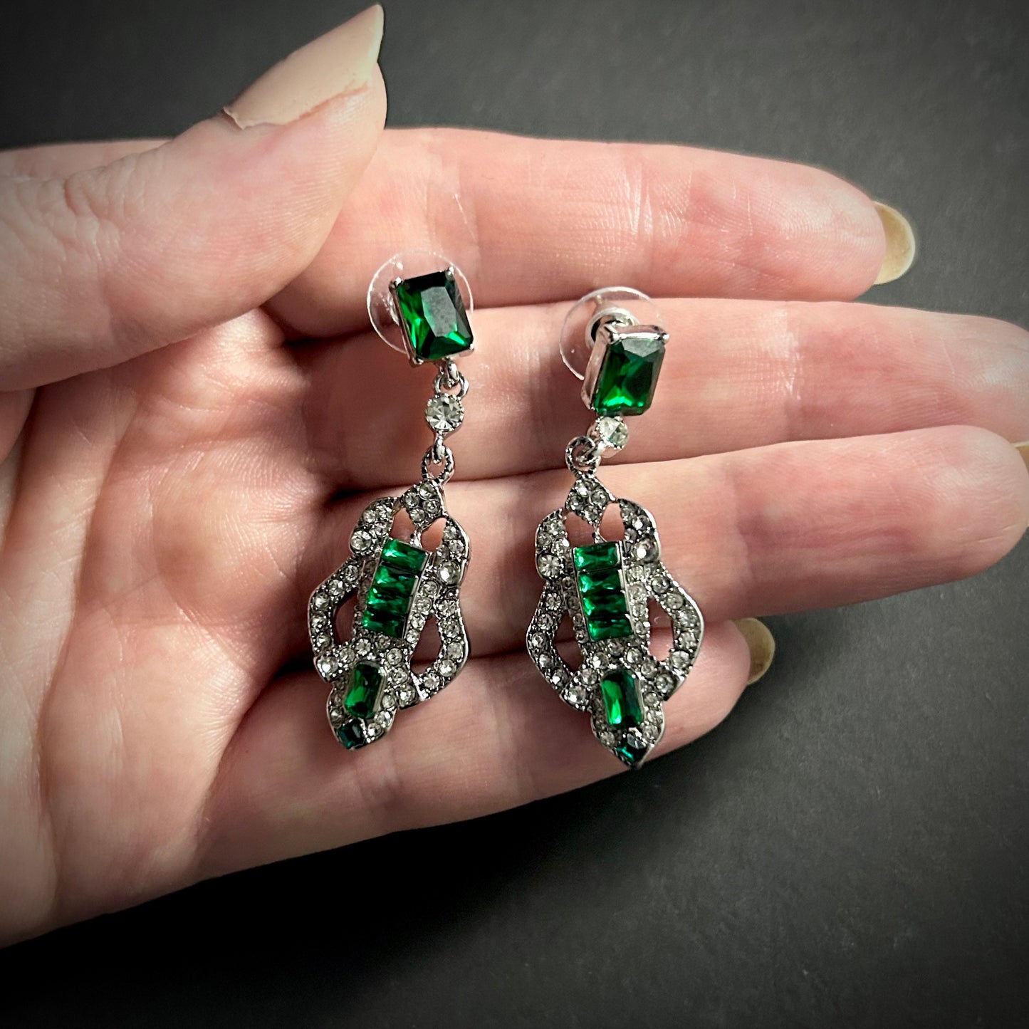 Art Deco Emerald & Antique Silver Dangle Earrings