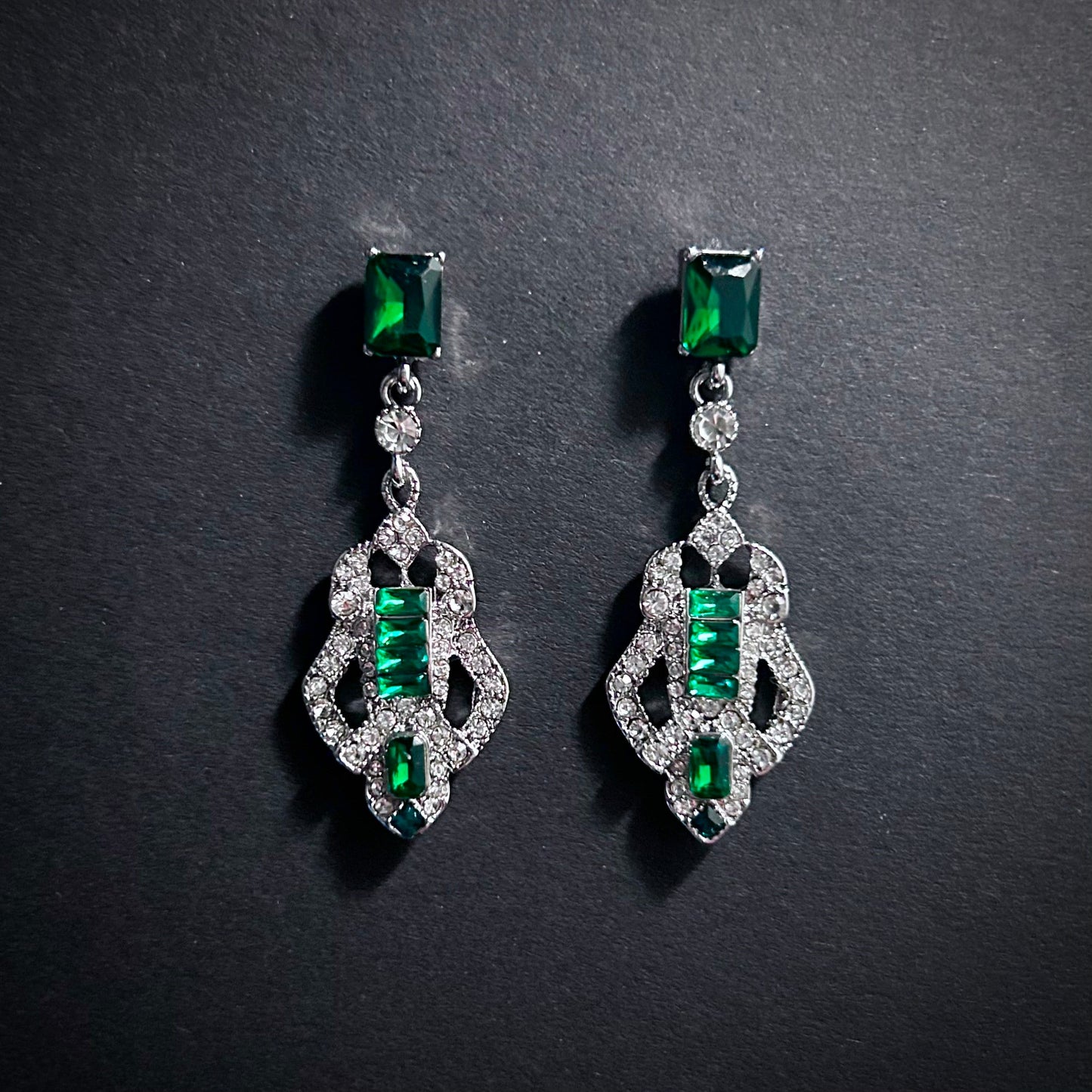 Art Deco Jewerly Set in Silver, Emerald & Rhinestones