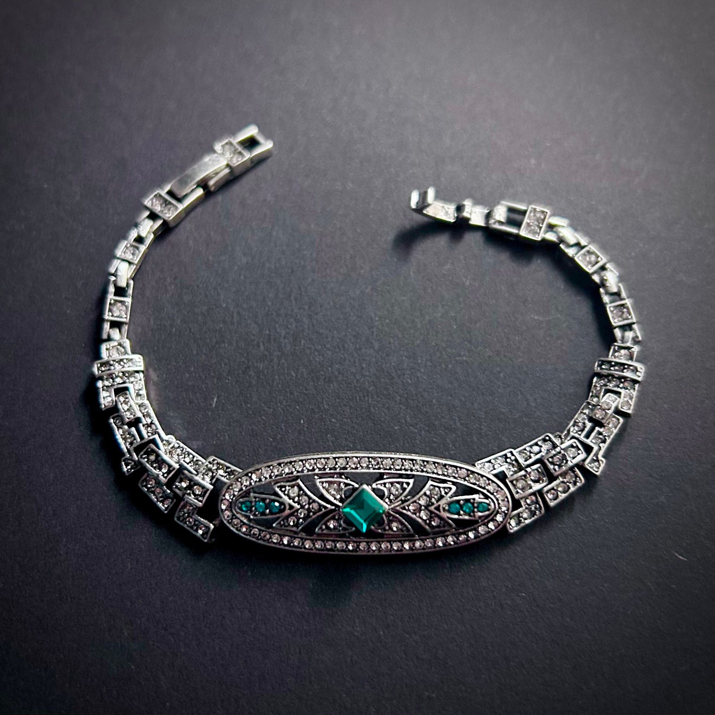 Art Nouveau Silver, Rhinestone & Emerald Crystal Bracelet