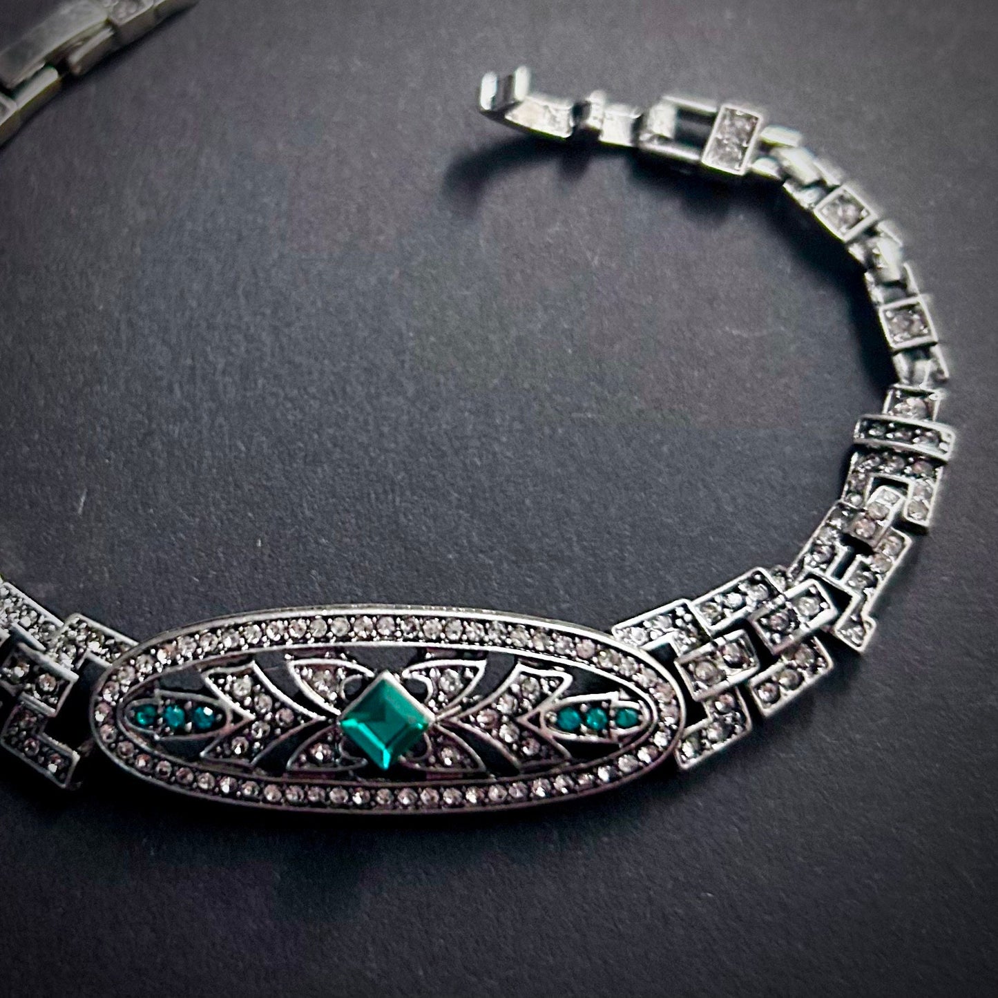 Art Nouveau Silver, Rhinestone & Emerald Crystal Bracelet