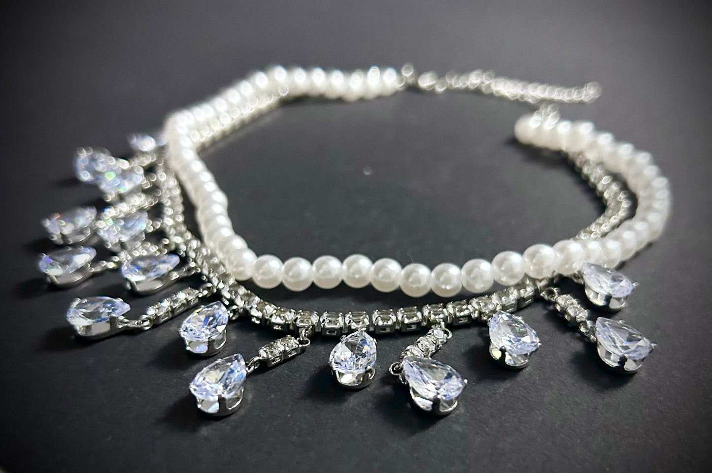 White Pearl & Teardrop Rhinestone Two Row Choker